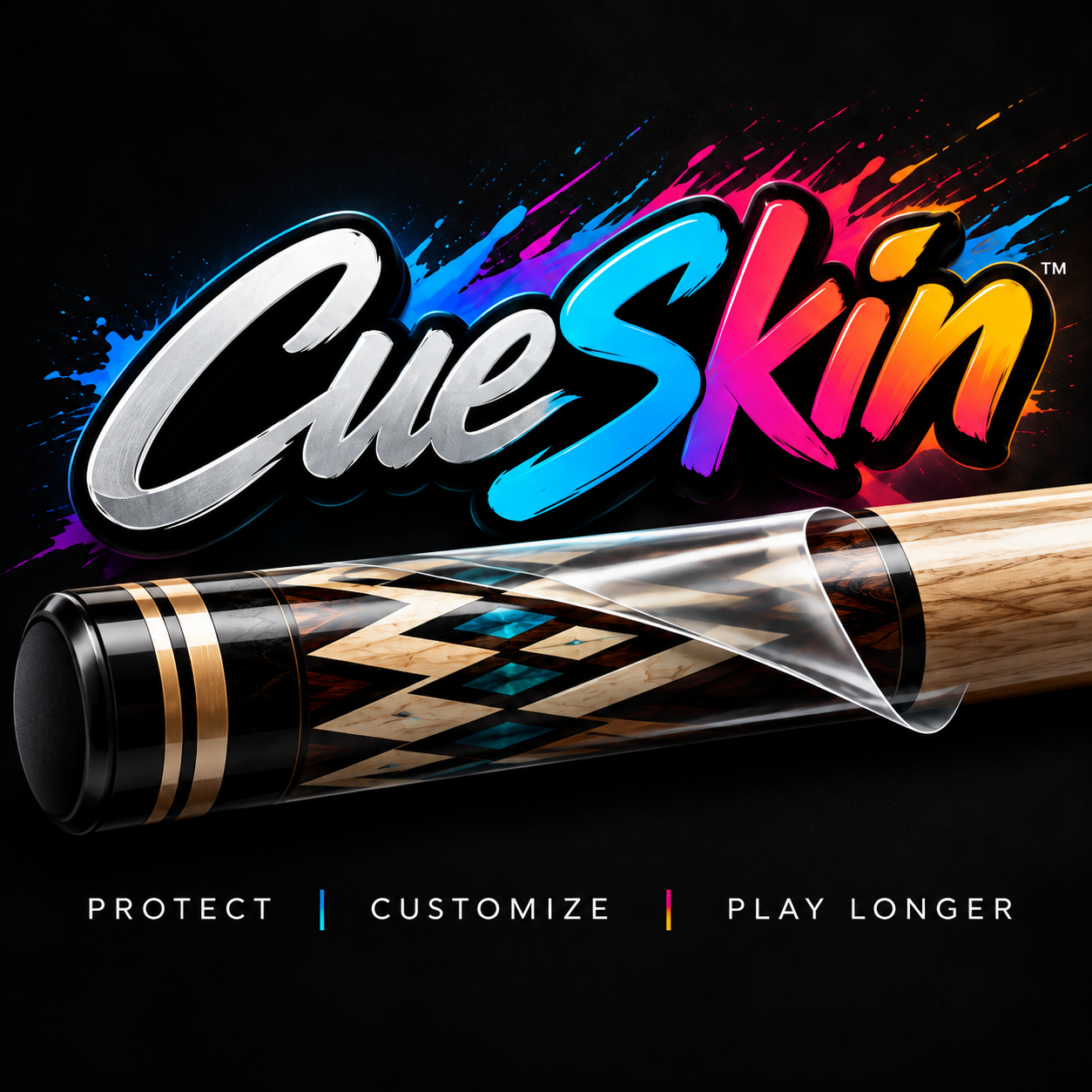 Colourful CueSkin artwork showing protective film applied to a pool cue