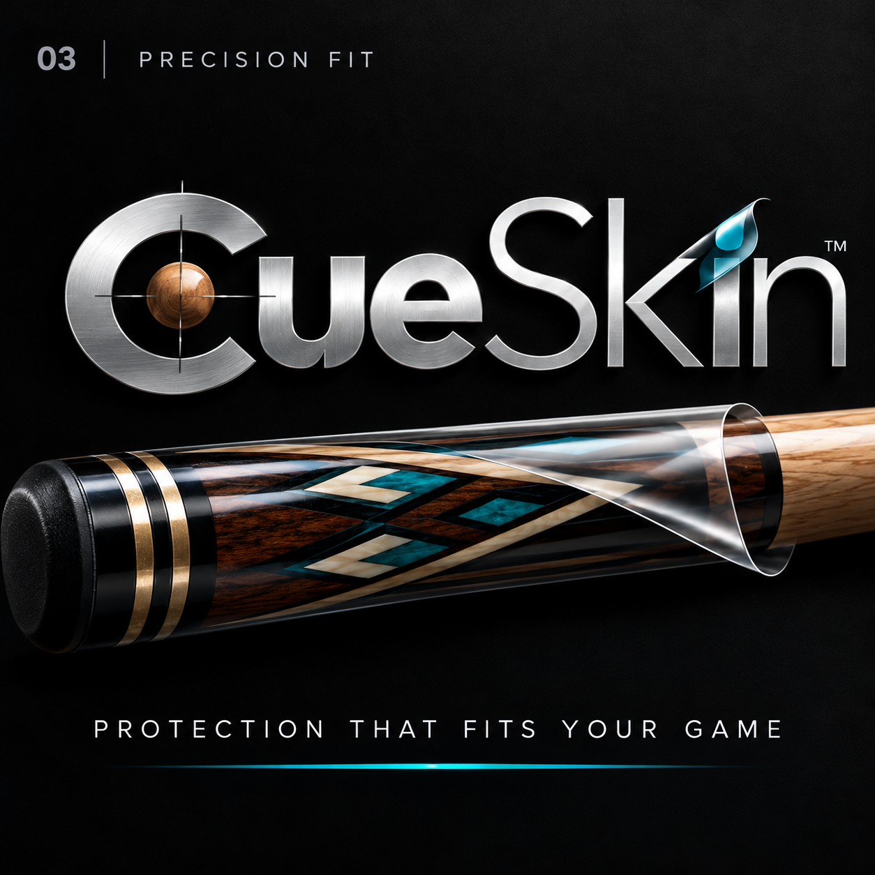 CueSkin precision-fit protection brand artwork featuring the butt of a pool cue with a clear film layer